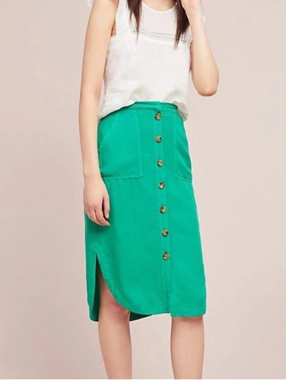 Anthropologie Green Raleigh Buttondown Skirt Sz. 6 Rayon Linen Blend